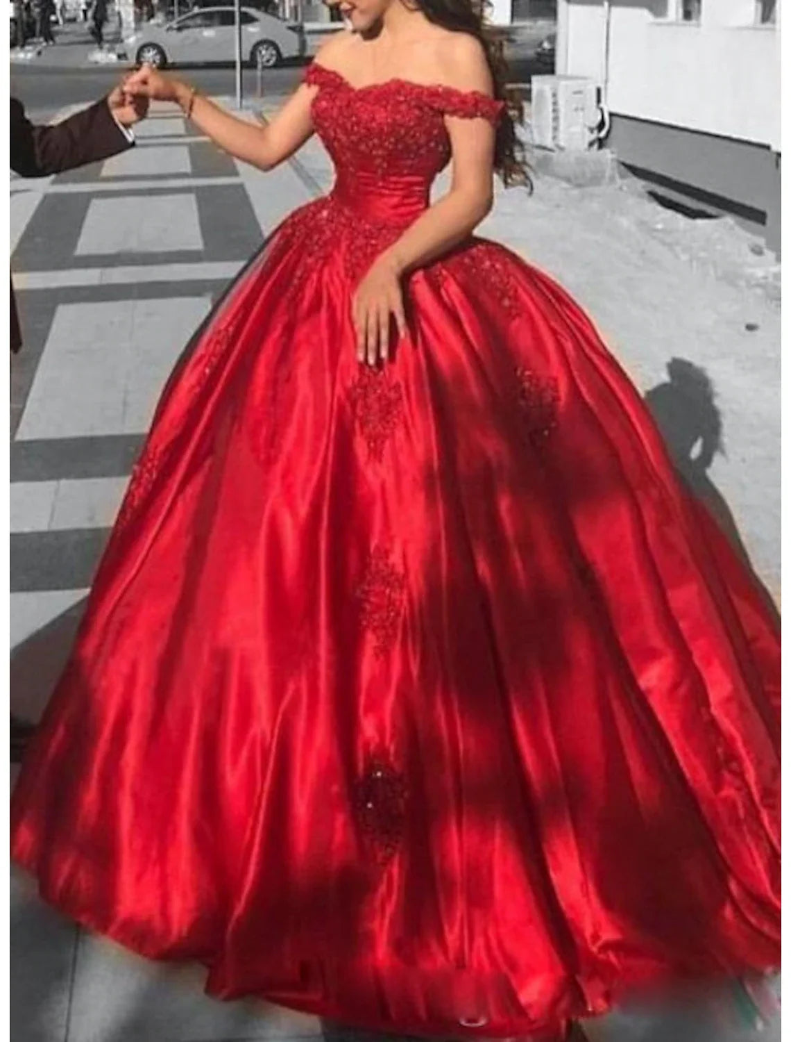 Ball Gown Off-Shoulder Lace Short Sleeve Train Mini Evening Gown - Chloe Dress