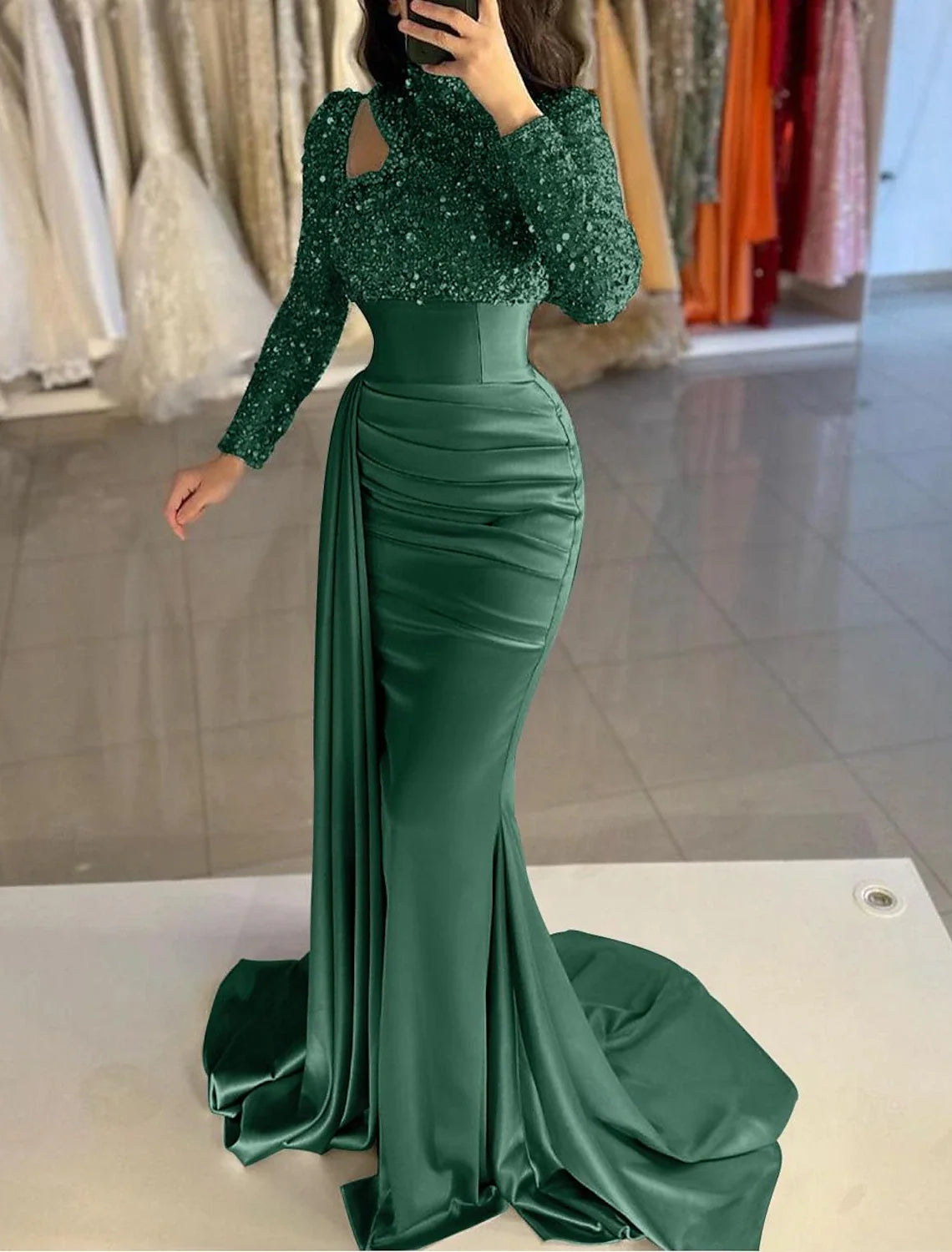 Mermaid High Neck Satin Long Sleeve Train Evening Gown - Chloe Dress