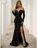 Black A-Line Off-Shoulder Sequin Long Sleeve High Slit Evening Gown - Chloe Dress