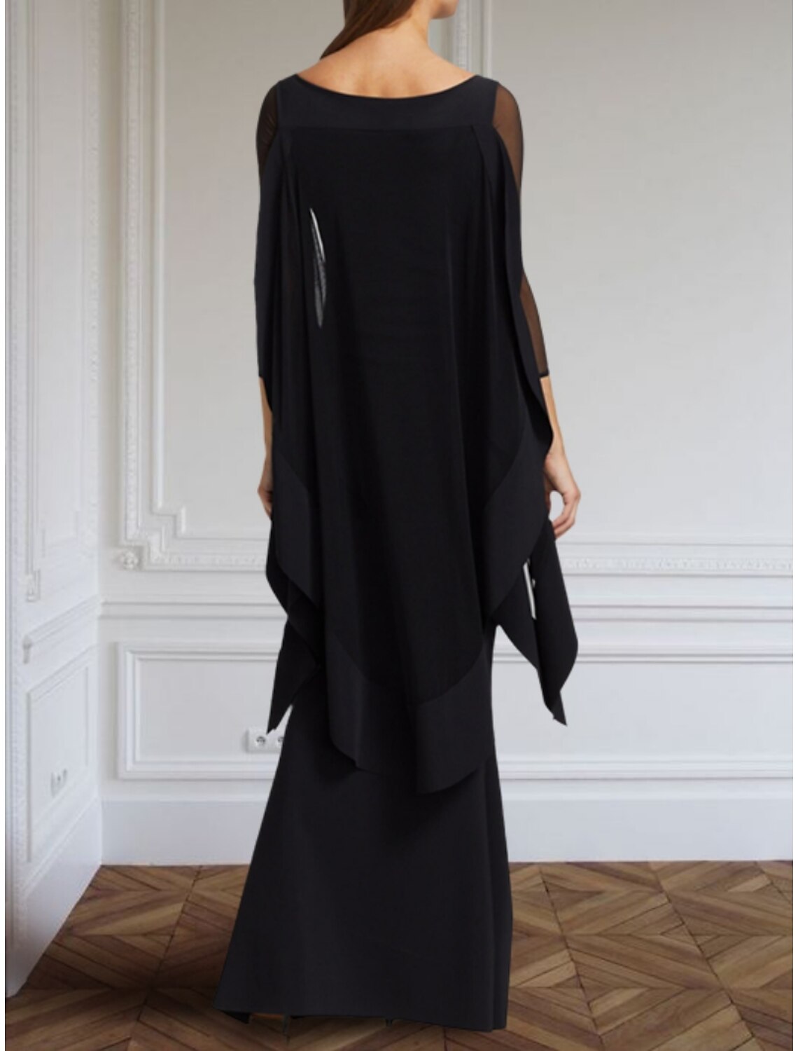 Black Sheath Chiffon Long Sleeve Ruffled Floor-Length Evening Gown - Chloe Dress
