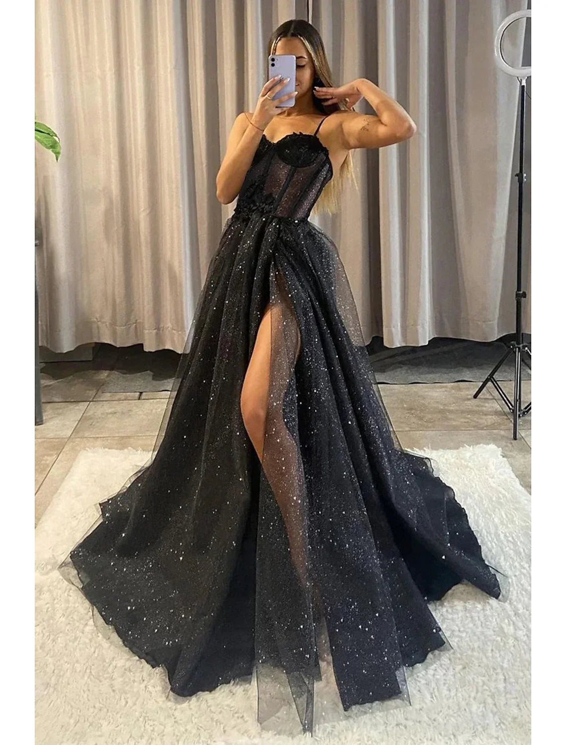 Black A-Line Sweetheart Tulle Sleeveless High Slit Floor-Length Prom Dress - Chloe Dress