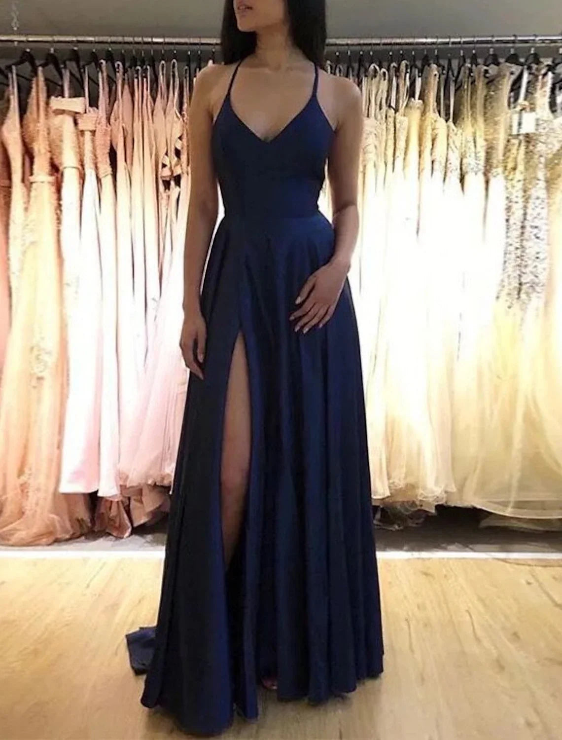 Black A-Line Spaghetti Strap Satin Sleeveless High Slit Floor-Length Prom Dress - Chloe Dress