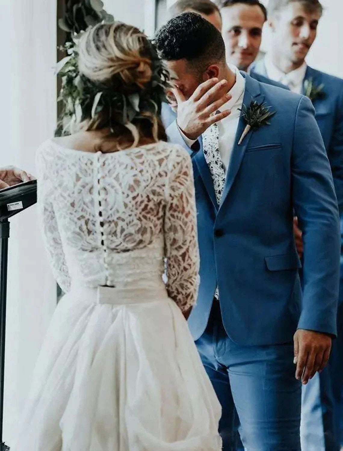 Ball Gown V-Neck Chiffon Three-Quarter Sleeve Pleated Wedding Gown - Chloe Dress