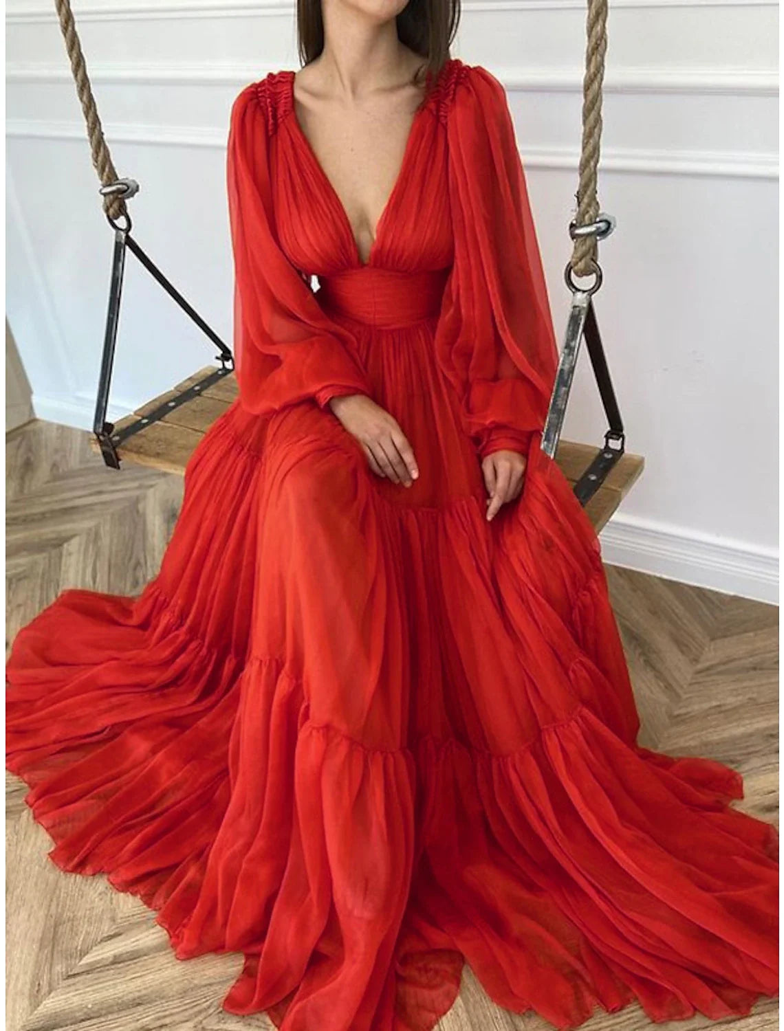 Green A-Line V-Neck Chiffon Long Sleeve Floor-Length Evening Gown - Chloe Dress