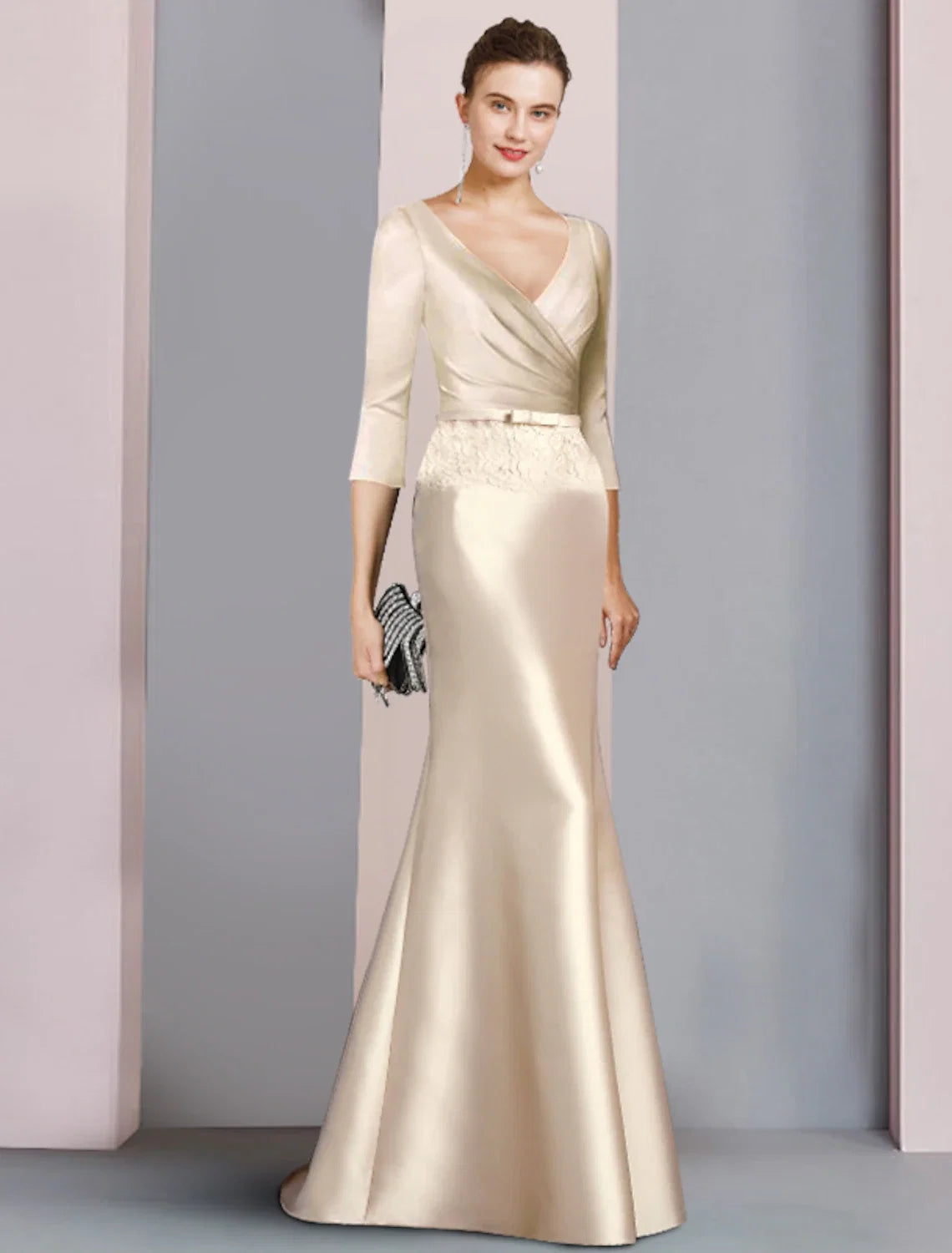 Sheath V-Neck Satin Three-Quarter Sleeve Floor-Length Wedding Dress - Chloe Dress