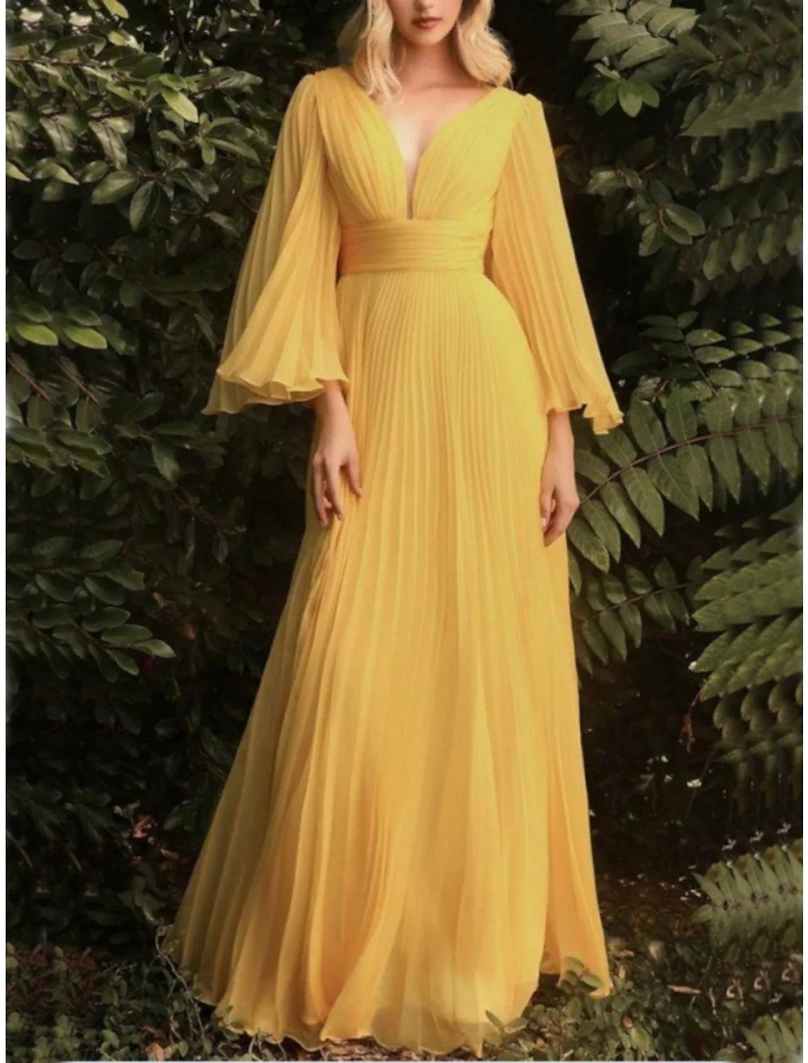 Sheath V-Neck Chiffon Long Sleeve Pleated Floor-Length Wedding Dress - Chloe Dress