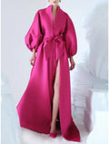 A-Line V-Neck Satin Long Sleeve High Slit Evening Gown - Chloe Dress