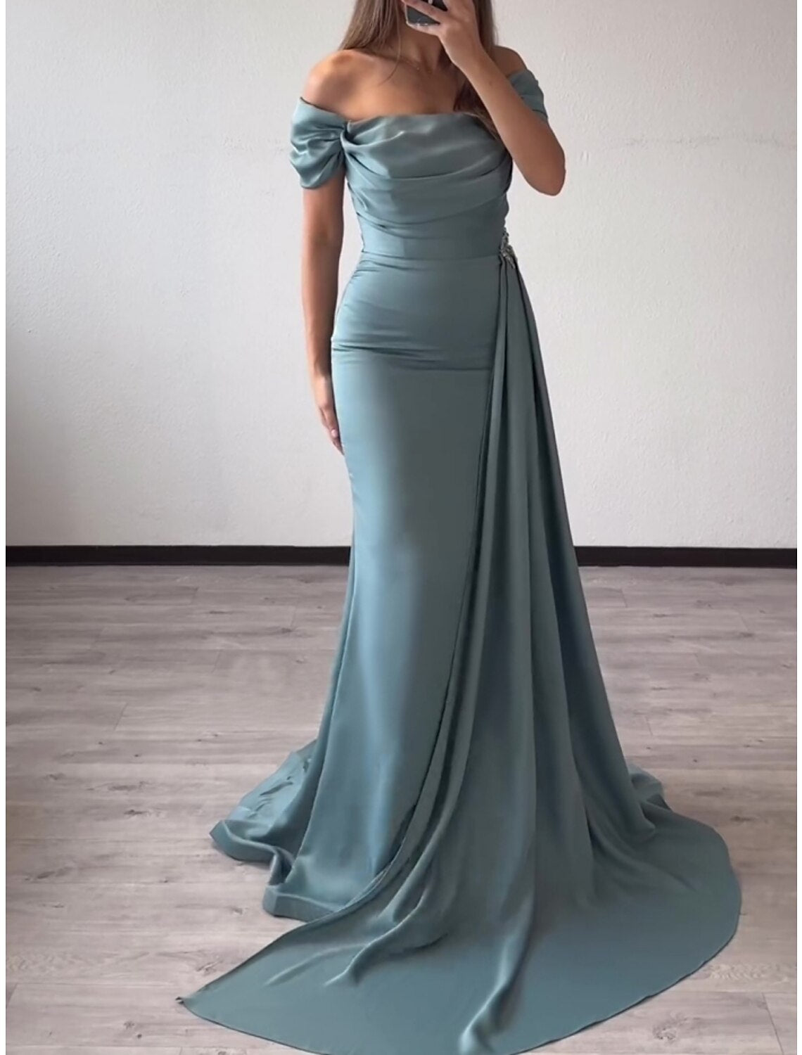 Sheath Square Neck Satin Short Sleeve Pleated Mini Evening Gown - Chloe Dress