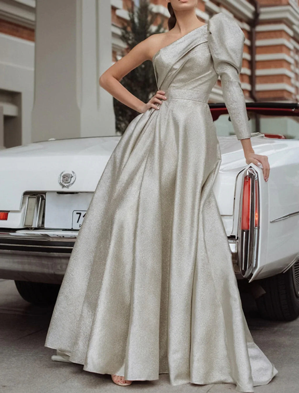 A-Line One-Shoulder Sequin Long Sleeve Pleated Floor-Length Evening Gown - Chloe Dress