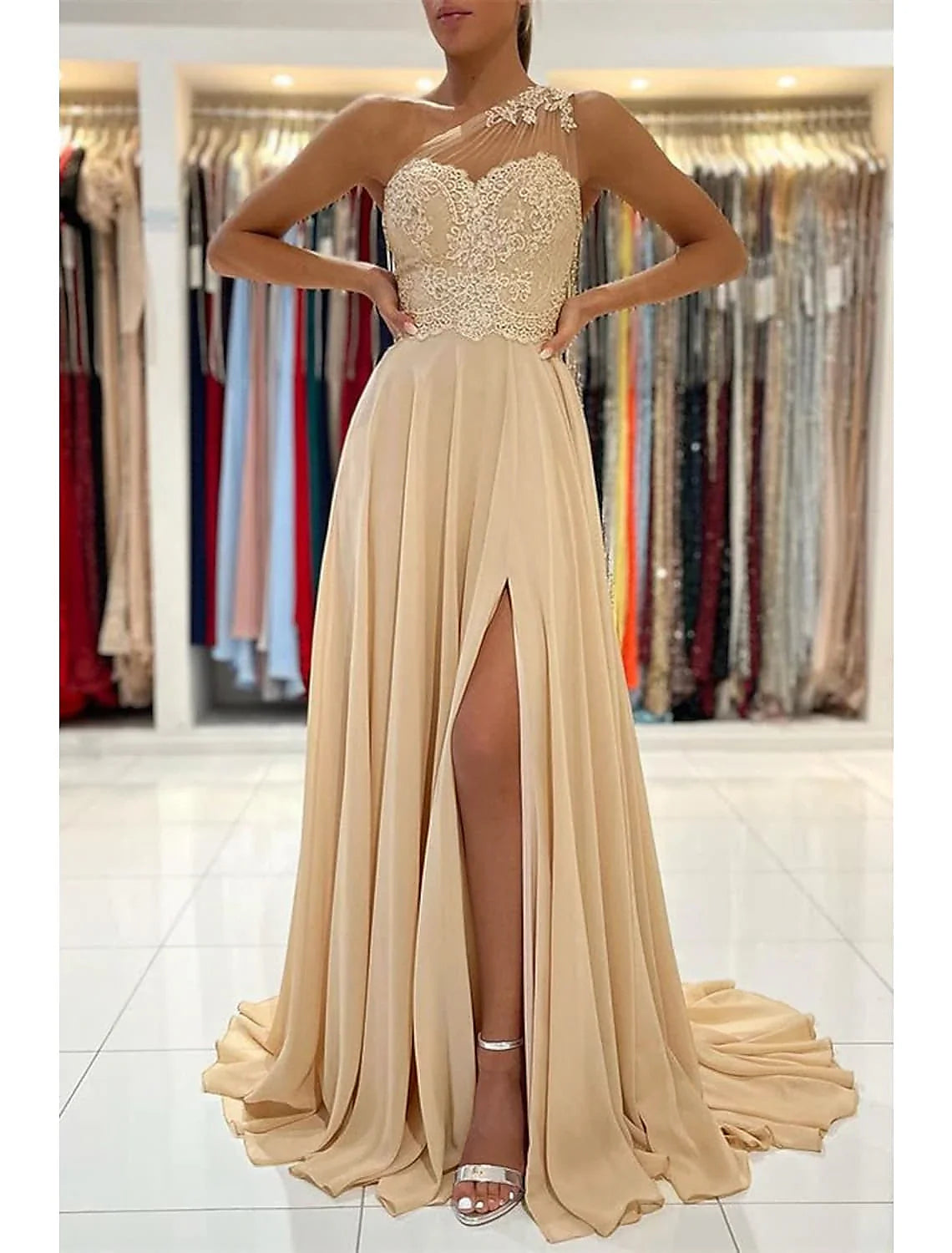 A-Line One-Shoulder Chiffon Sleeveless High Slit Prom Dress - Chloe Dress