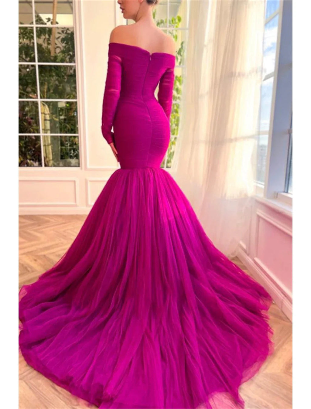 Green Mermaid Off-Shoulder Tulle Long Sleeve Train Evening Gown - Chloe Dress