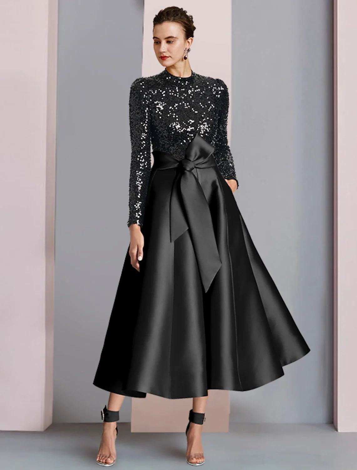 A-Line High Neck Satin Long Sleeve Pleated Tea-Length Wedding Dress - Chloe Dress