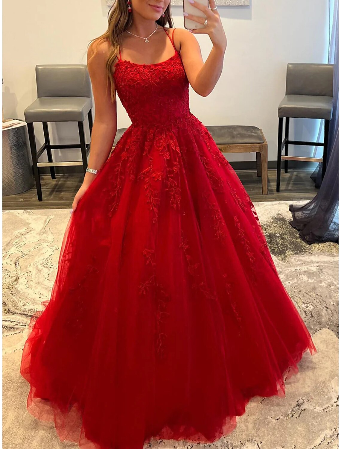 A-Line Spaghetti Strap Tulle Sleeveless Backless Applique Floor-Length Evening Dress - Chloe Dress