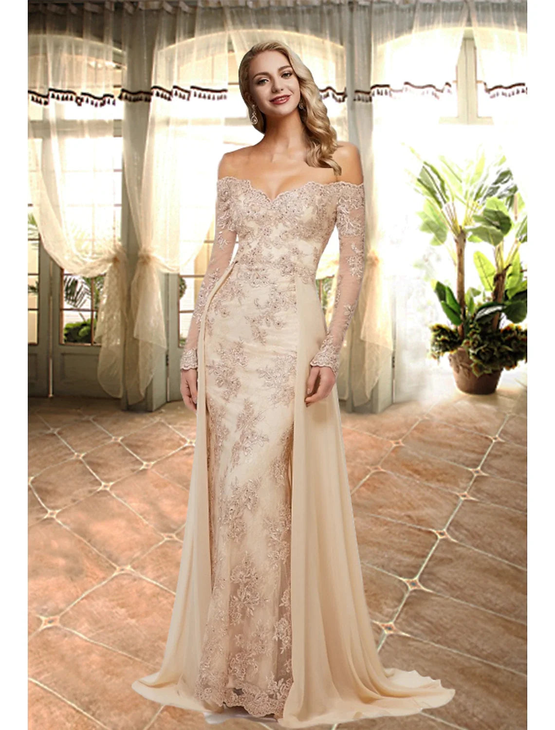 A-Line Sweetheart Lace Long Sleeve Train Evening Gown - Chloe Dress