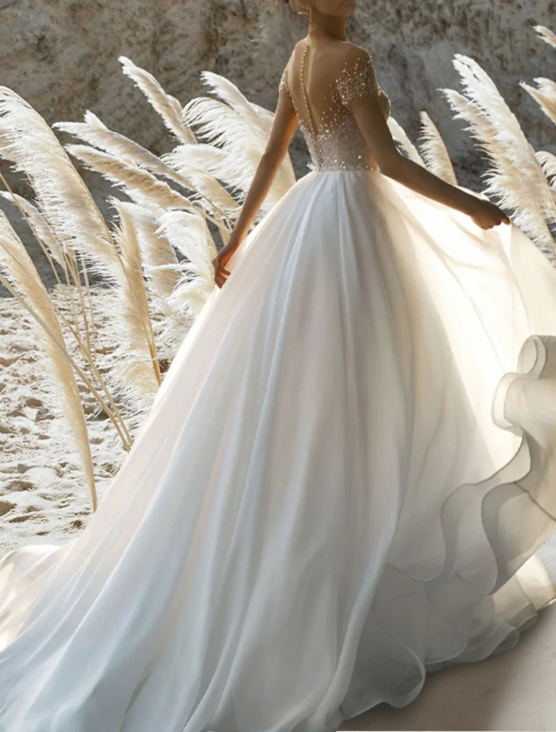 A-Line Off-Shoulder Chiffon Short Sleeve Pleated Mini Wedding Gown - Chloe Dress