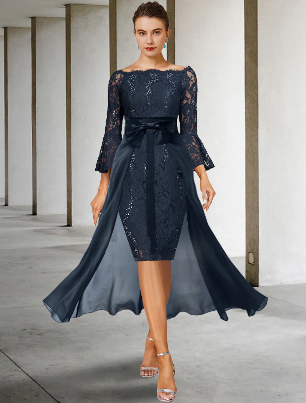 Sheath Off-Shoulder Chiffon Three-Quarter Sleeve Knee-Length Wedding Dress - Chloe Dress