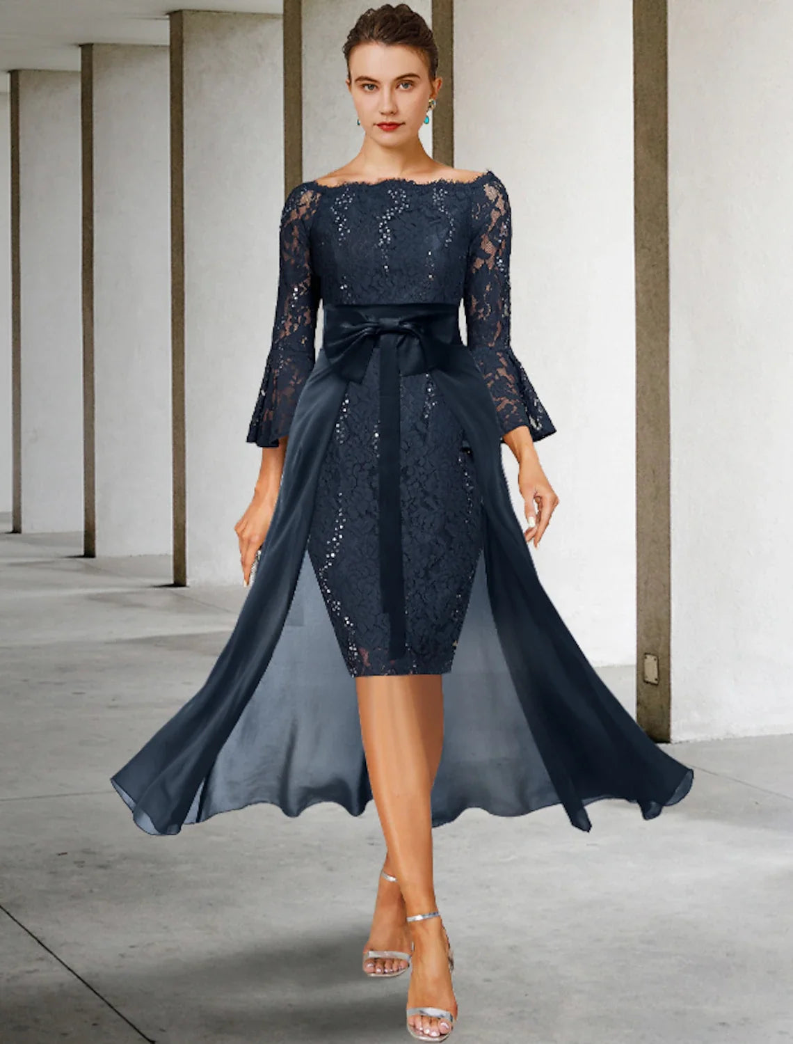 Sheath Off-Shoulder Chiffon Three-Quarter Sleeve Knee-Length Wedding Dress - Chloe Dress