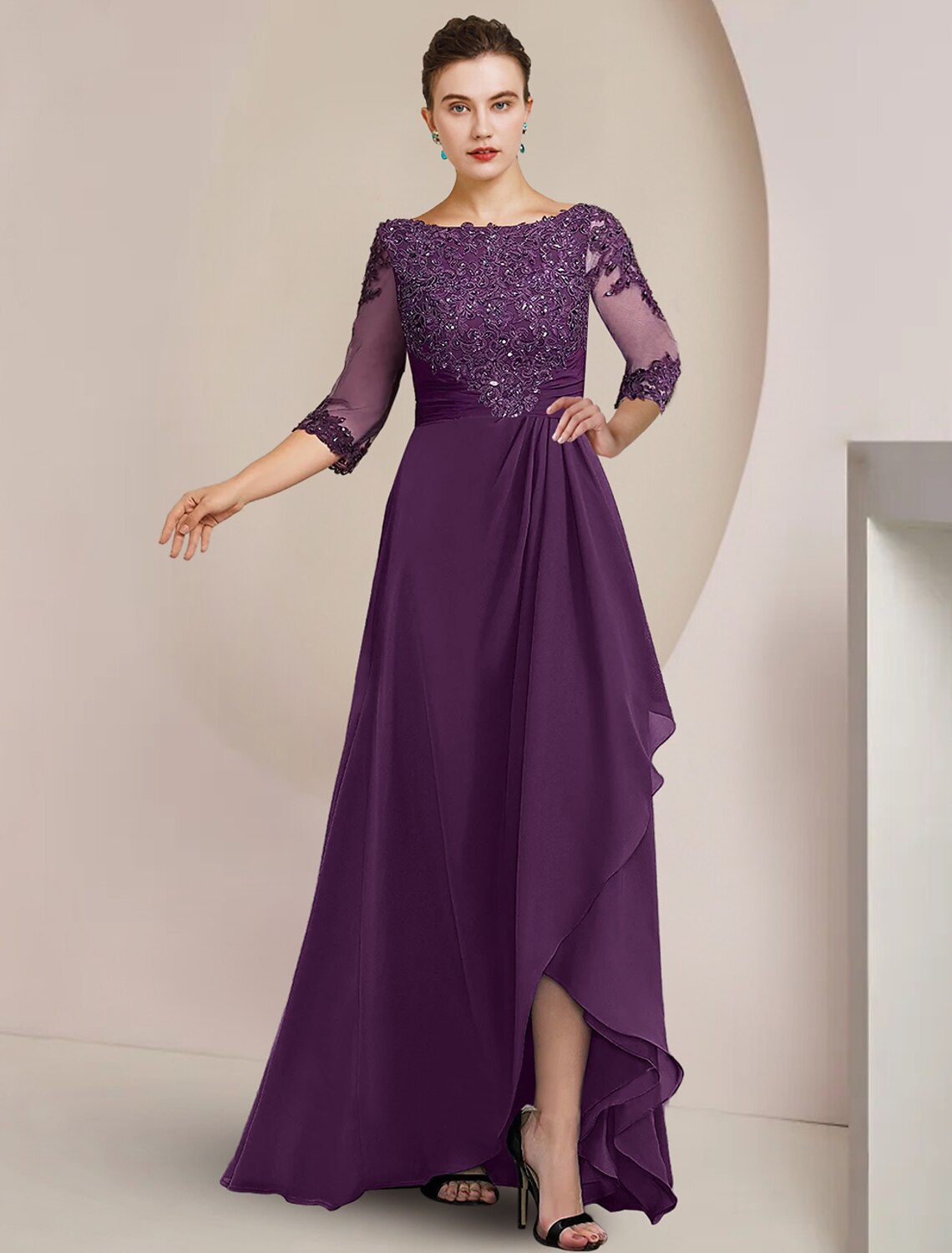 A-Line High Neck Chiffon Three-Quarter Sleeve Asymmetric Floor-Length Wedding Dress - Chloe Dress