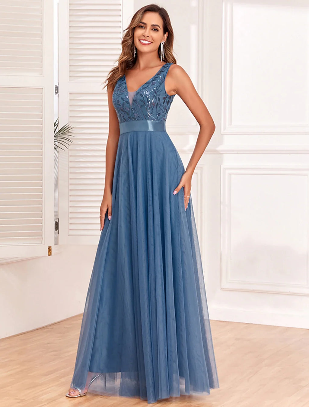 A-Line V-Neck Tulle Sleeveless Floor-Length Evening Gown - Chloe Dress