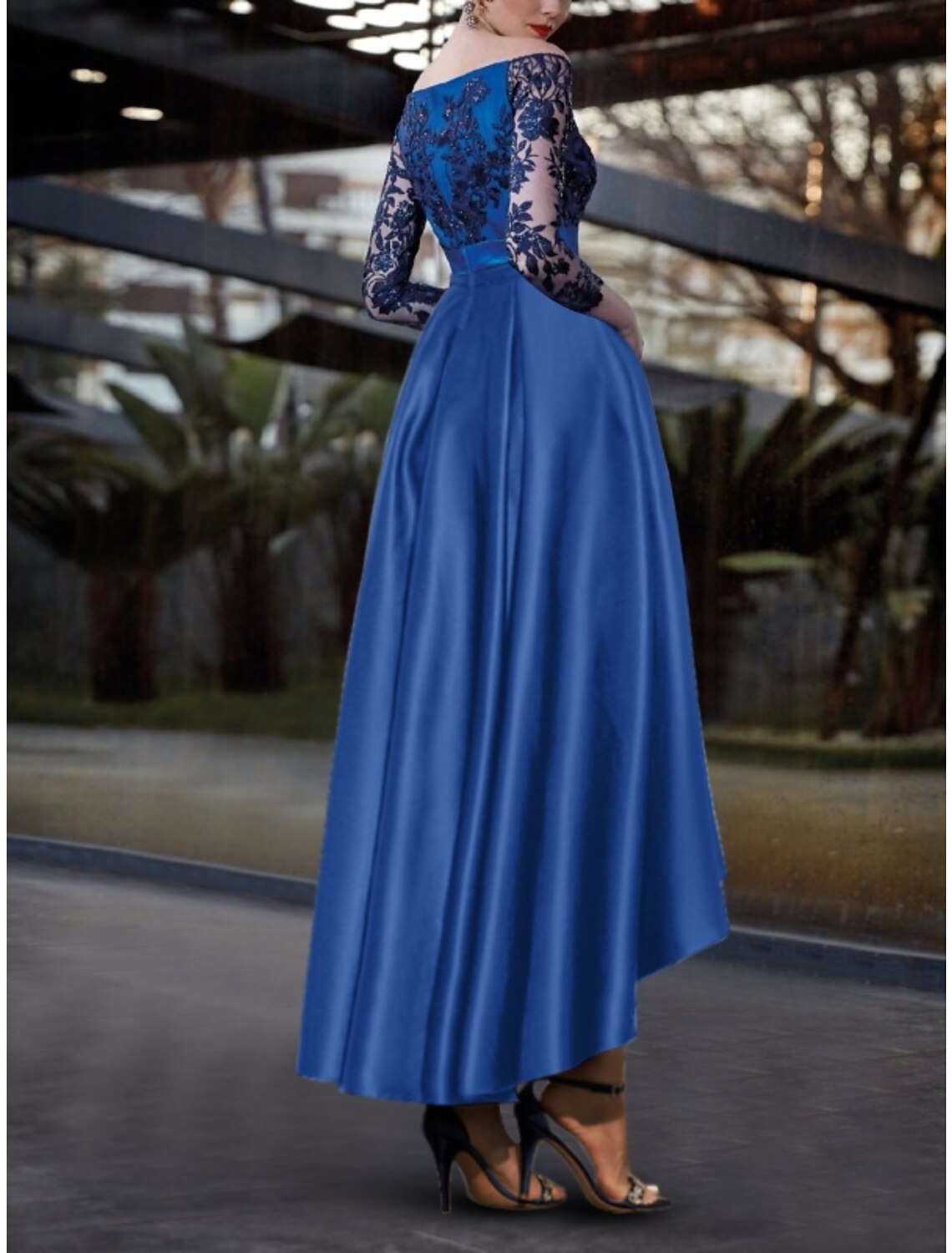 A-Line Off-Shoulder Satin Long Sleeve Pleated Evening Gown - Chloe Dress