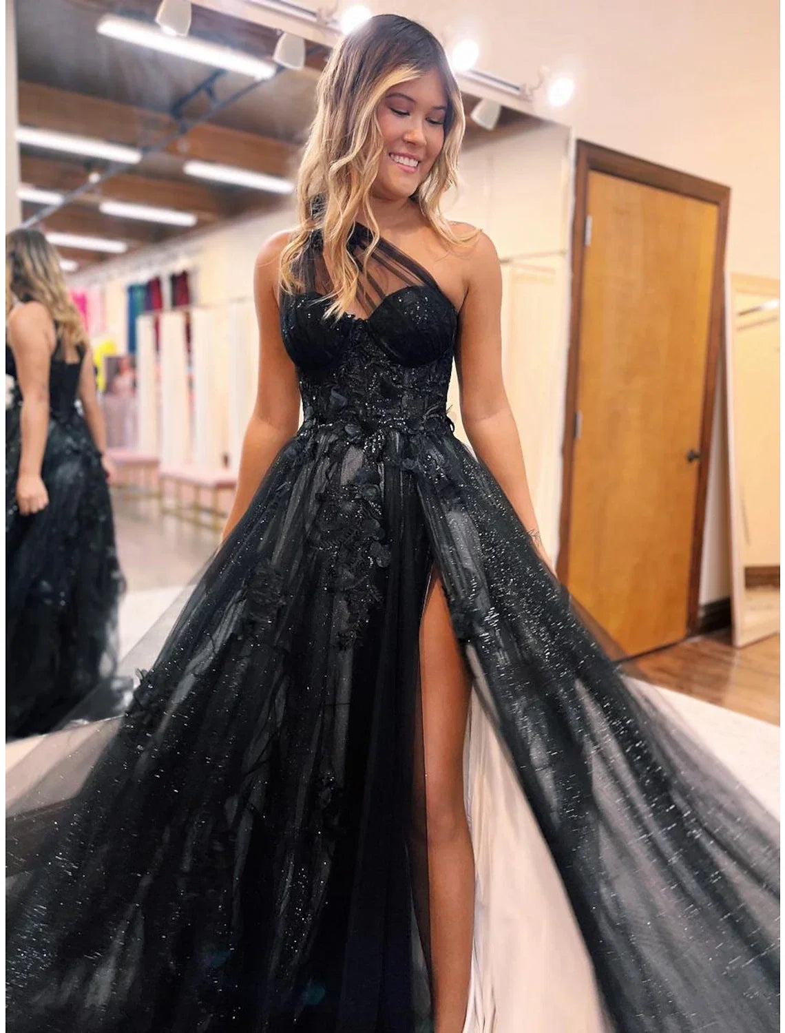 A-Line One-Shoulder Tulle Sleeveless Backless Pleated Prom Dress - Chloe Dress