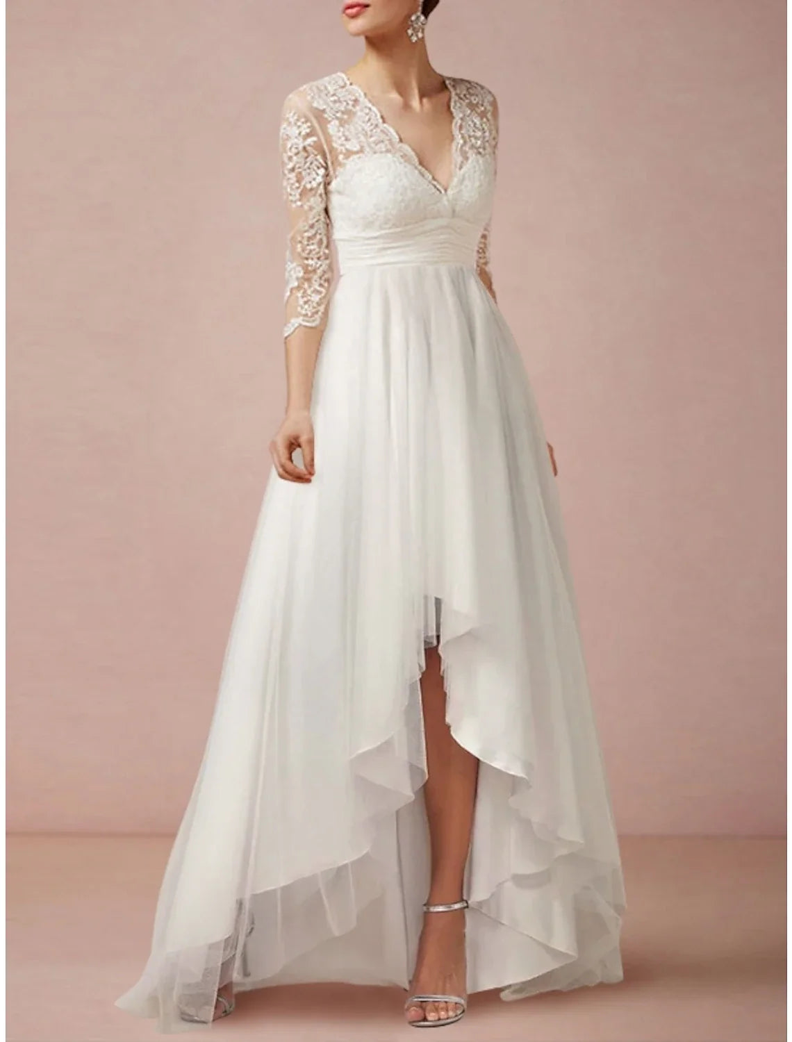 Sheath V-Neck Chiffon Three-Quarter Sleeve Pleated Wedding Gown - Chloe Dress