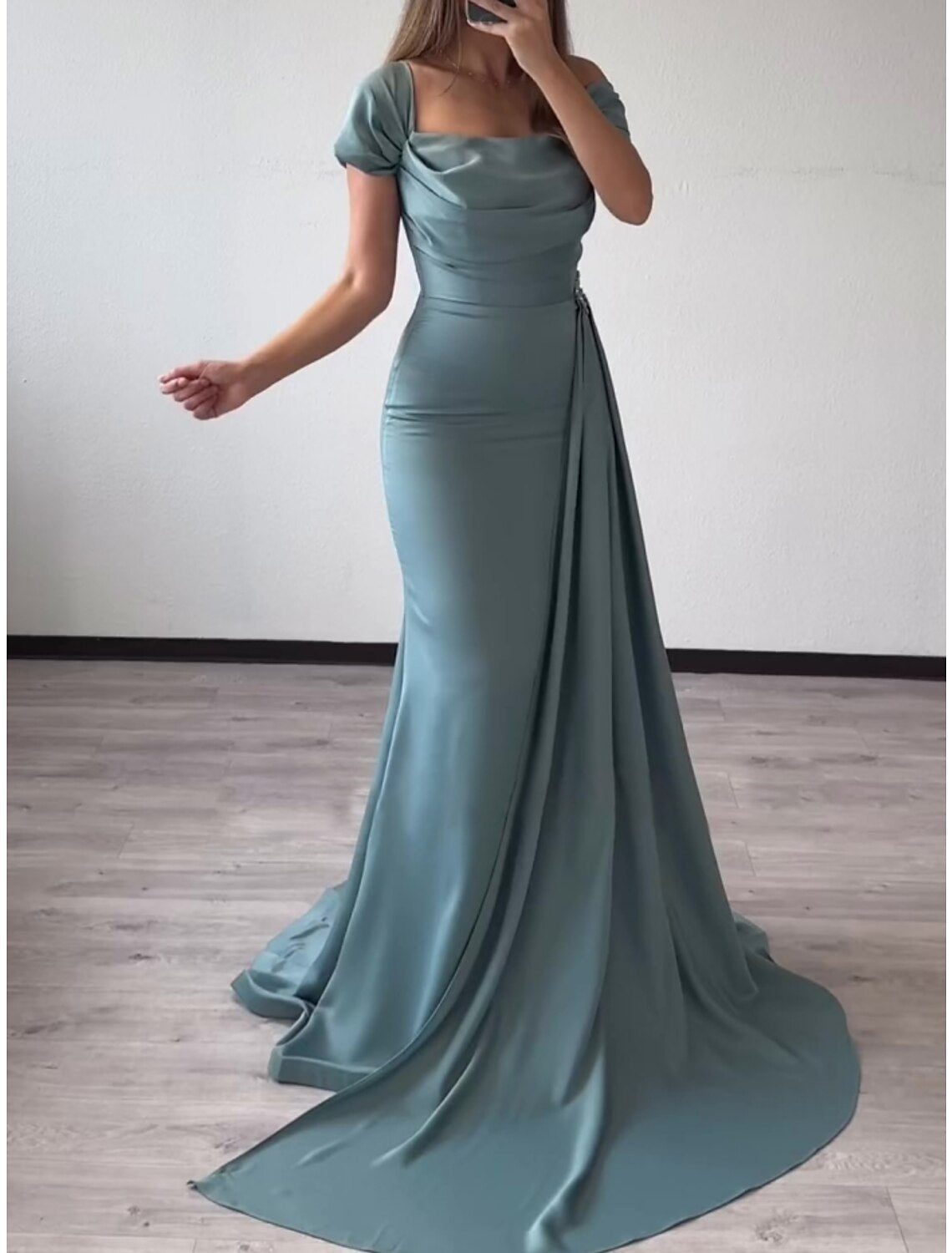 Sheath Square Neck Satin Short Sleeve Pleated Mini Evening Gown - Chloe Dress