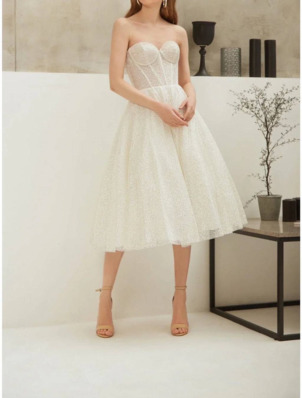 A-Line Strapless Sequin Sleeveless Lace-Up Back Pleated Knee-Length Party Dress - Chloe Dress