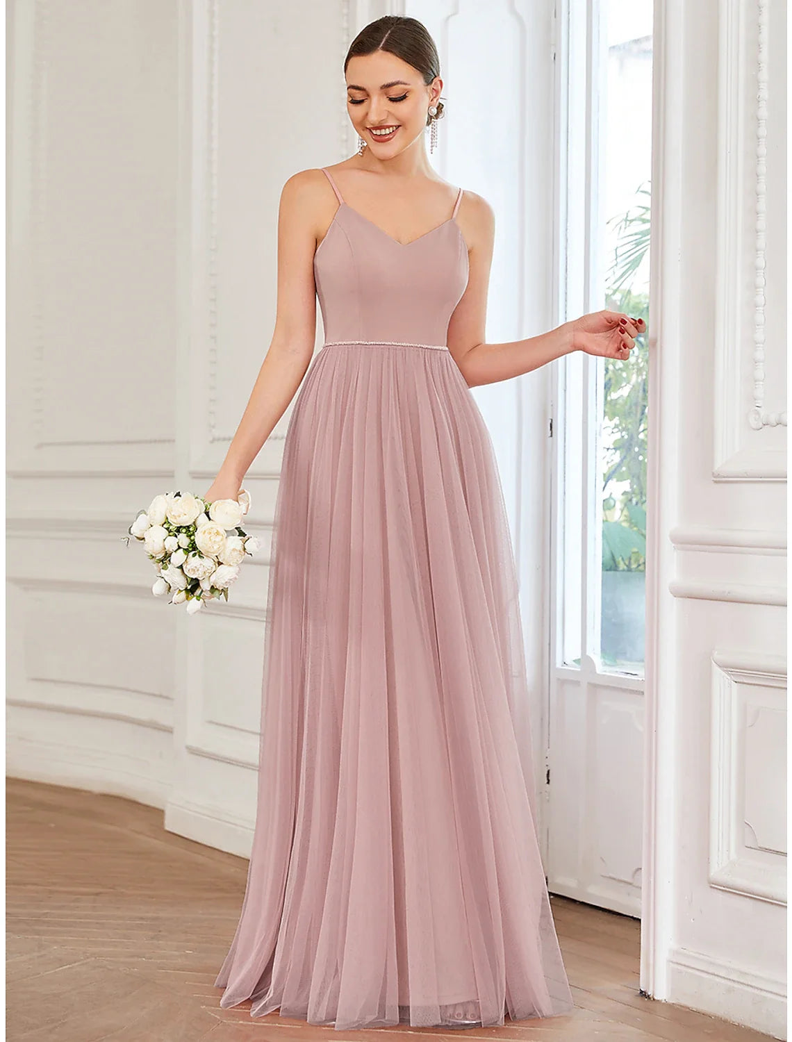 A-Line V-Neck Tulle Sleeveless Pleated Floor-Length Prom Dress - Chloe Dress