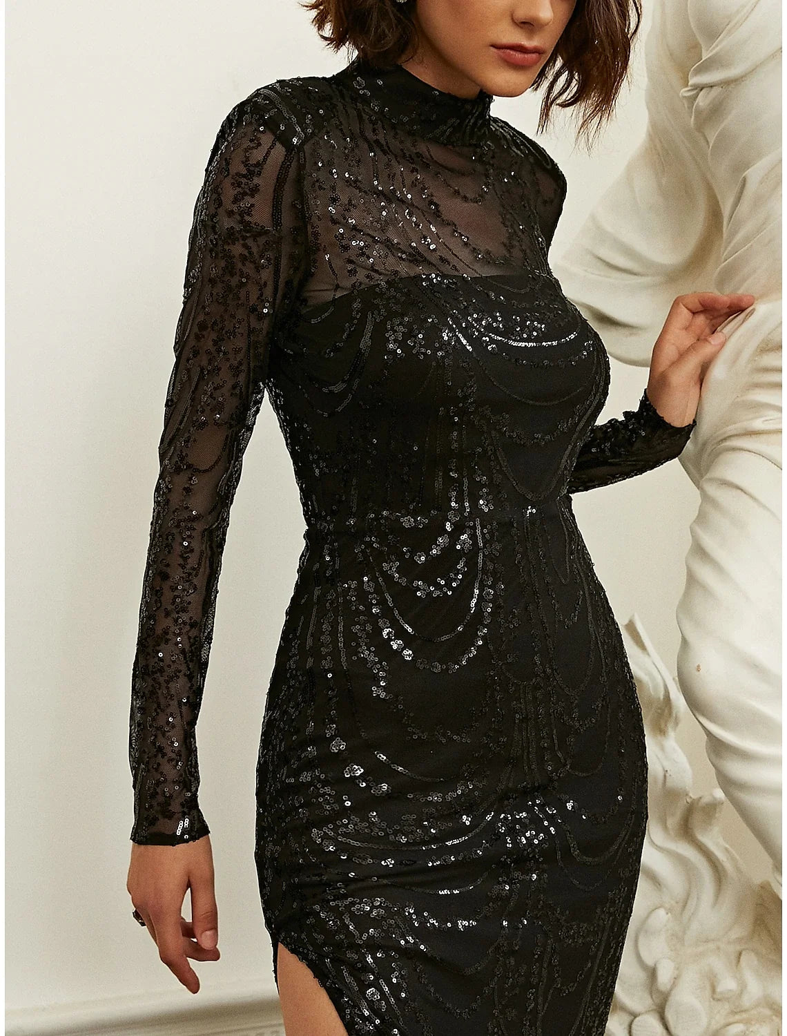 Sheath High Neck Sequin Long Sleeve High Slit Evening Gown - Chloe Dress