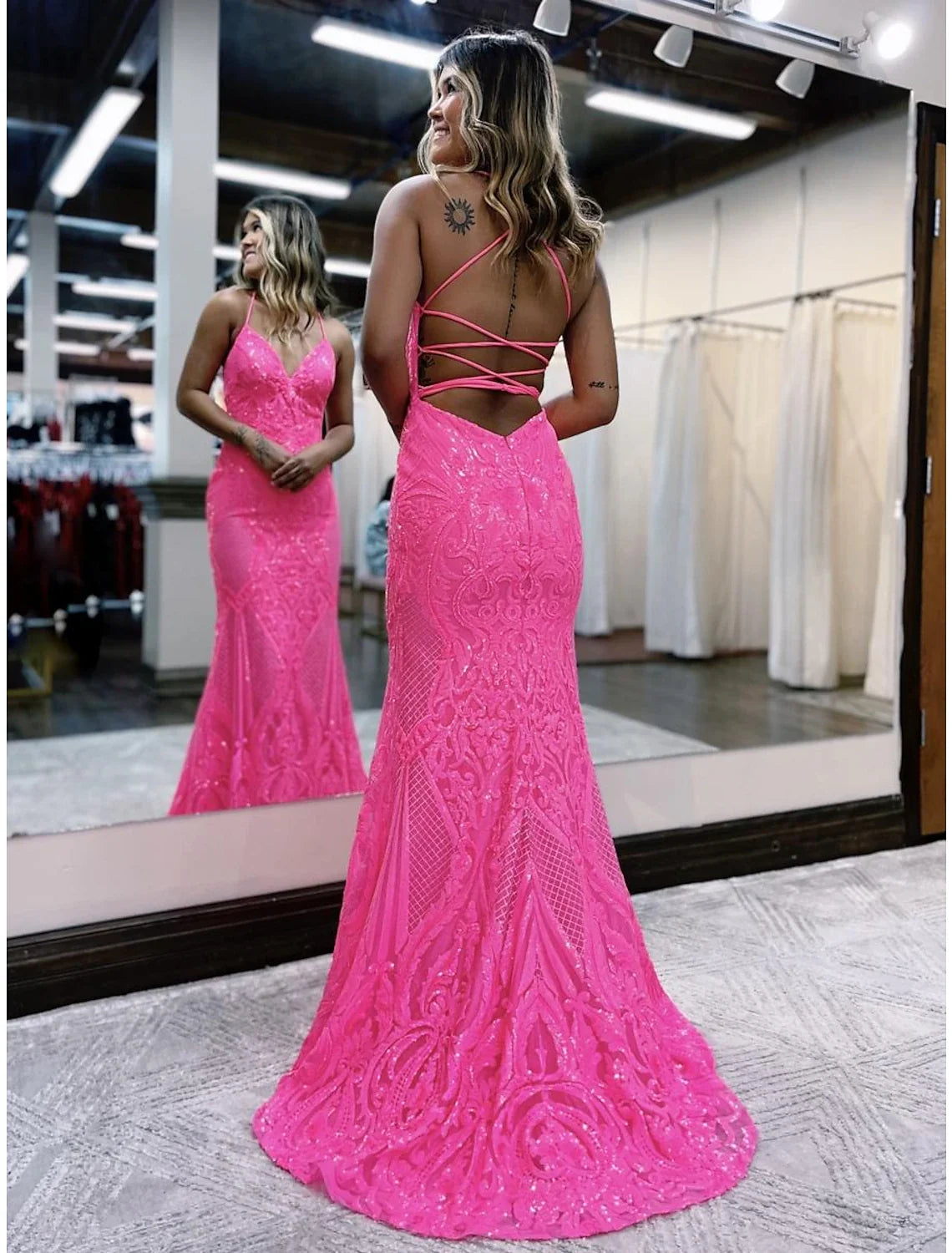 Mermaid V-Neck Sequin Sleeveless Backless Train Prom Dress - Chloe Dress