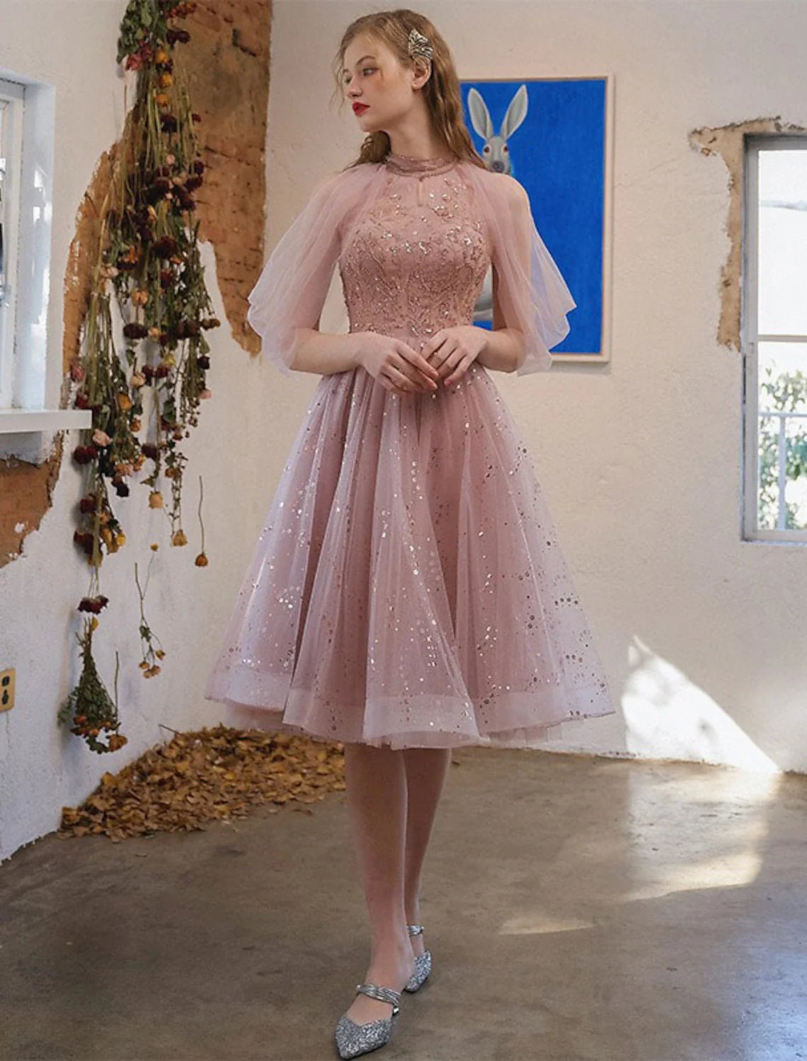 A-Line Tulle Three-Quarter Sleeve Applique Knee-Length Cocktail Dress - Chloe Dress