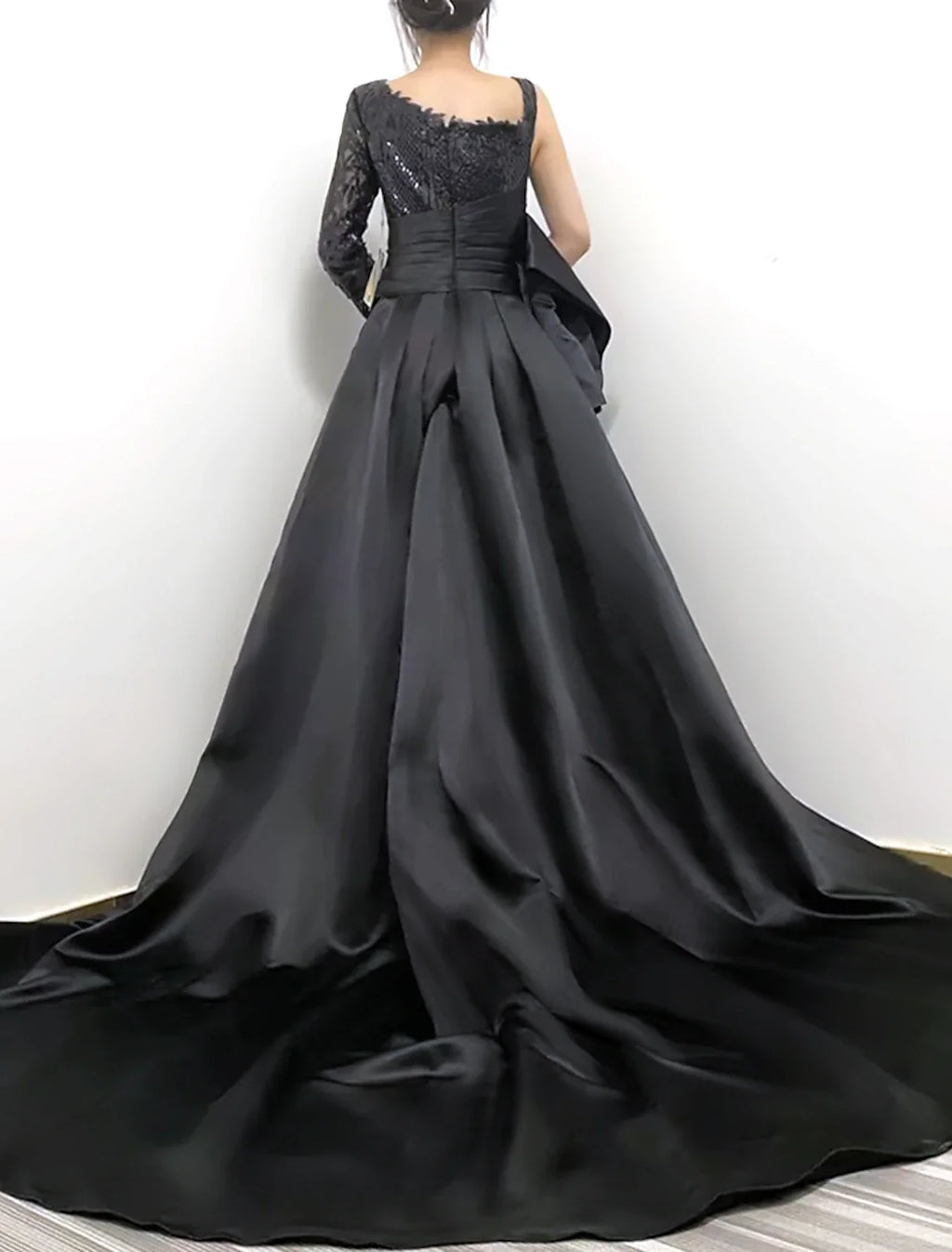 Black Mermaid One-Shoulder Sequin Long Sleeve High Slit Evening Gown - Chloe Dress