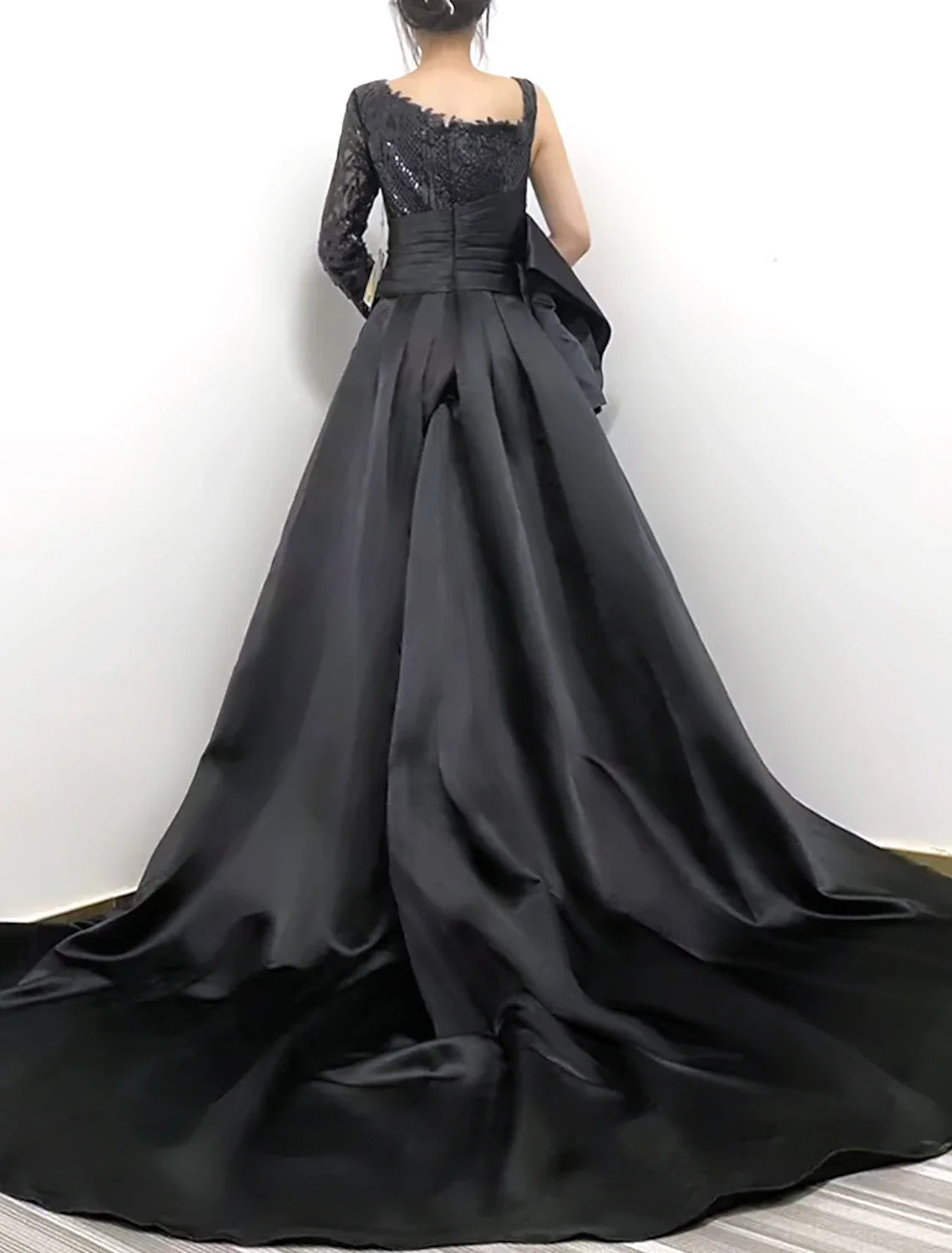 Black Mermaid One-Shoulder Sequin Long Sleeve High Slit Evening Gown - Chloe Dress