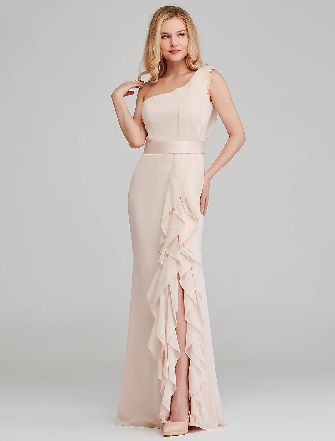 Sheath One-Shoulder Chiffon Sleeveless Ruffled Wedding Dress - Chloe Dress