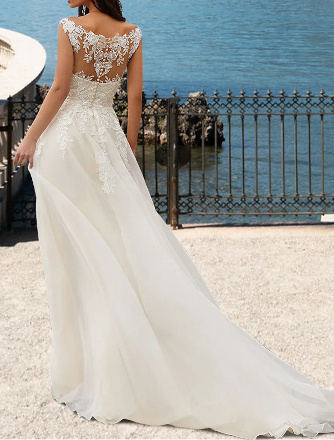A-Line V-Neck Lace Sleeveless Open Back Train Wedding Gown - Chloe Dress