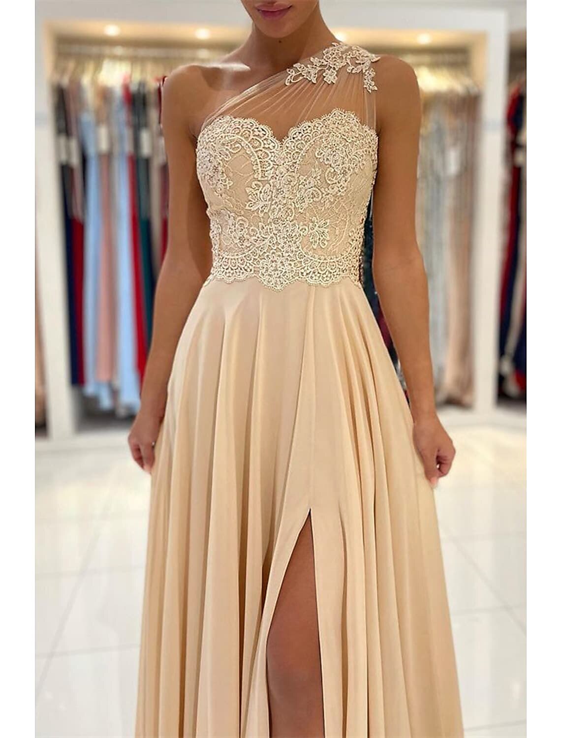 A-Line One-Shoulder Chiffon Sleeveless High Slit Prom Dress - Chloe Dress