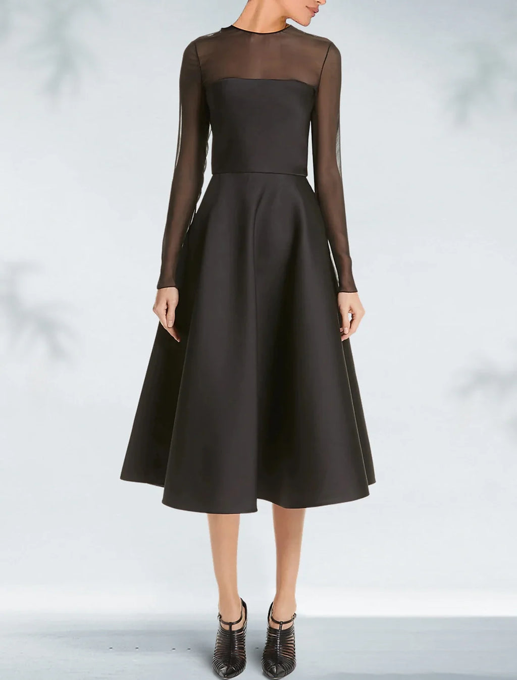 Black A-Line Satin Long Sleeve Pleated Tea-Length Wedding Dress - Chloe Dress