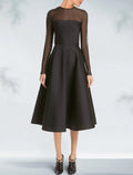 Black A-Line Satin Long Sleeve Pleated Tea-Length Wedding Dress - Chloe Dress