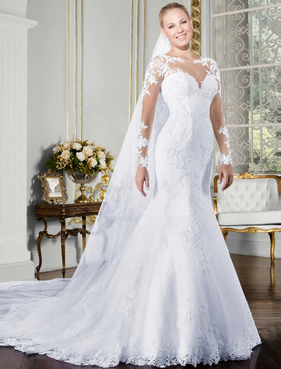 Mermaid Illusion Lace Long Sleeve Open Back Train Wedding Gown - Chloe Dress