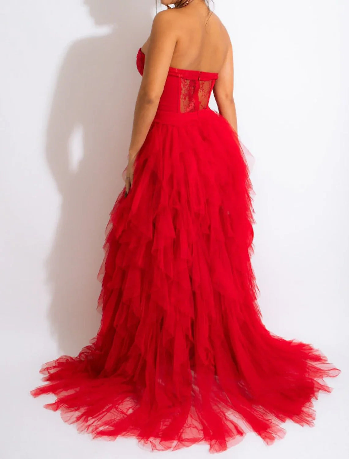 A-Line Strapless Tulle Sleeveless Lace-Up Back High Slit Evening Gown - Chloe Dress