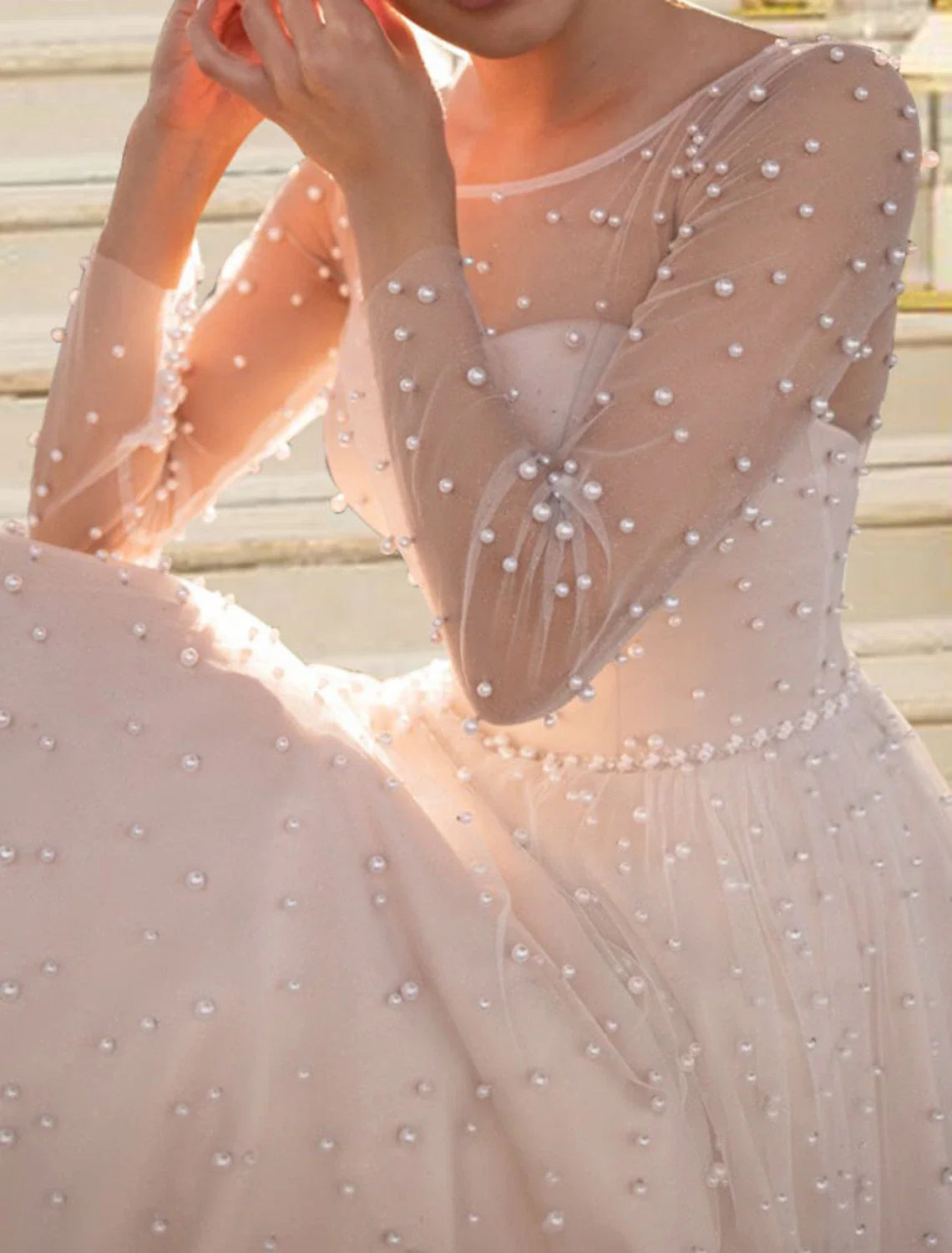 White A-Line Illusion Satin Long Sleeve Tea-Length Wedding Gown - Chloe Dress