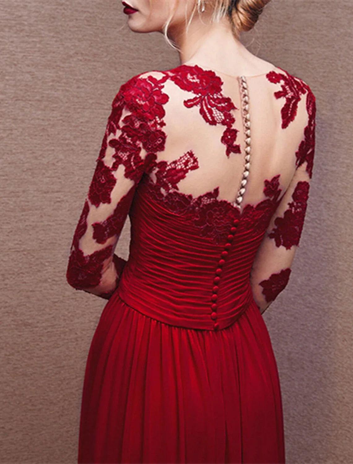 A-Line V-Neck Chiffon Three-Quarter Sleeve Button Back Applique Floor-Length Evening Gown - Chloe Dress