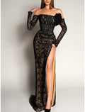 A-Line Off-Shoulder Lace Long Sleeve High Slit Evening Gown - Chloe Dress
