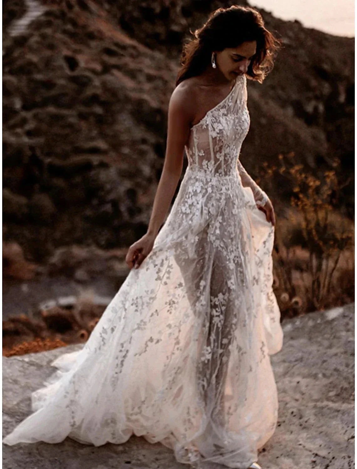 A-Line One-Shoulder Lace Long Sleeve Train Wedding Gown - Chloe Dress