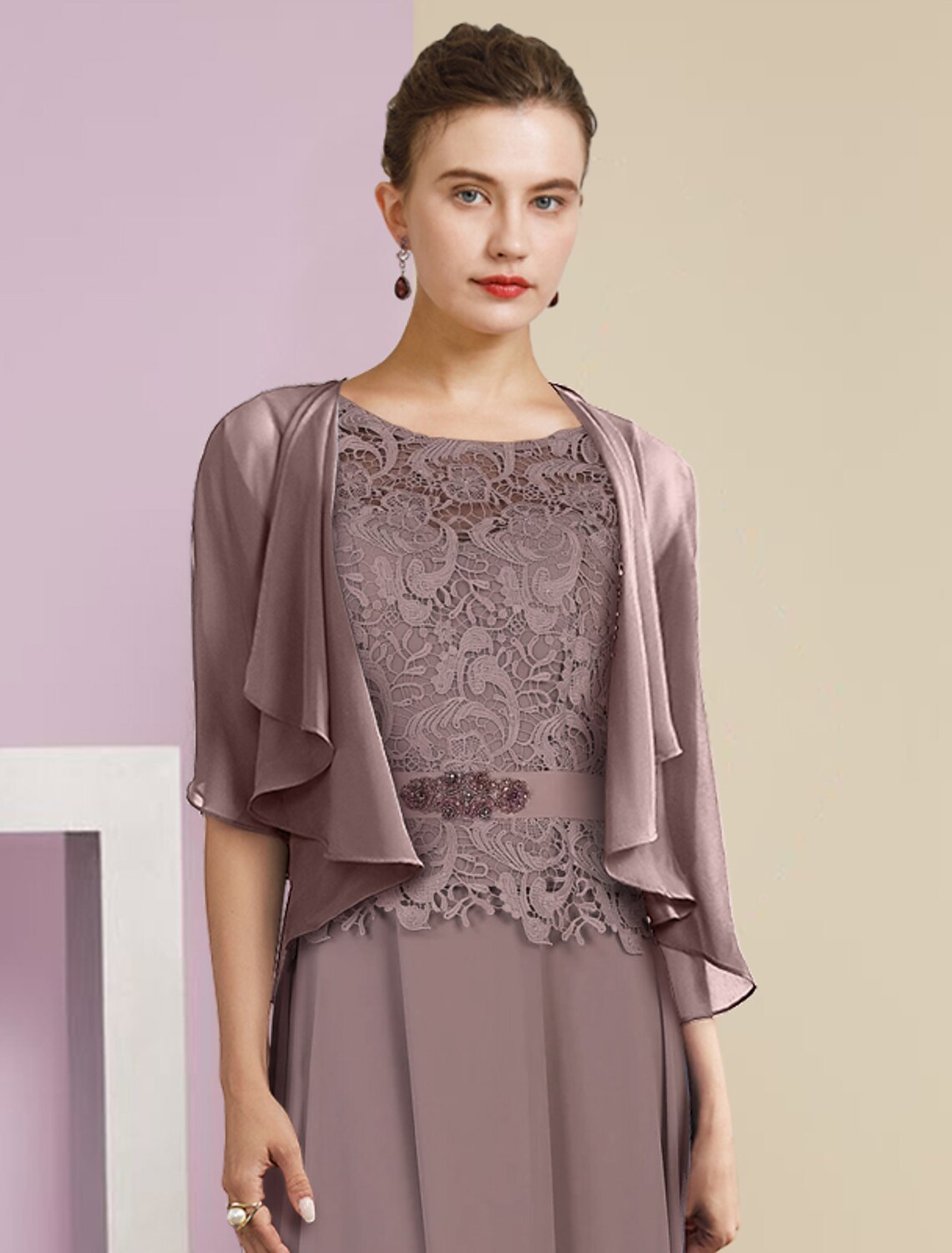 A-Line Chiffon Three-Quarter Sleeve Wrap Floor-Length Wedding Dress - Chloe Dress
