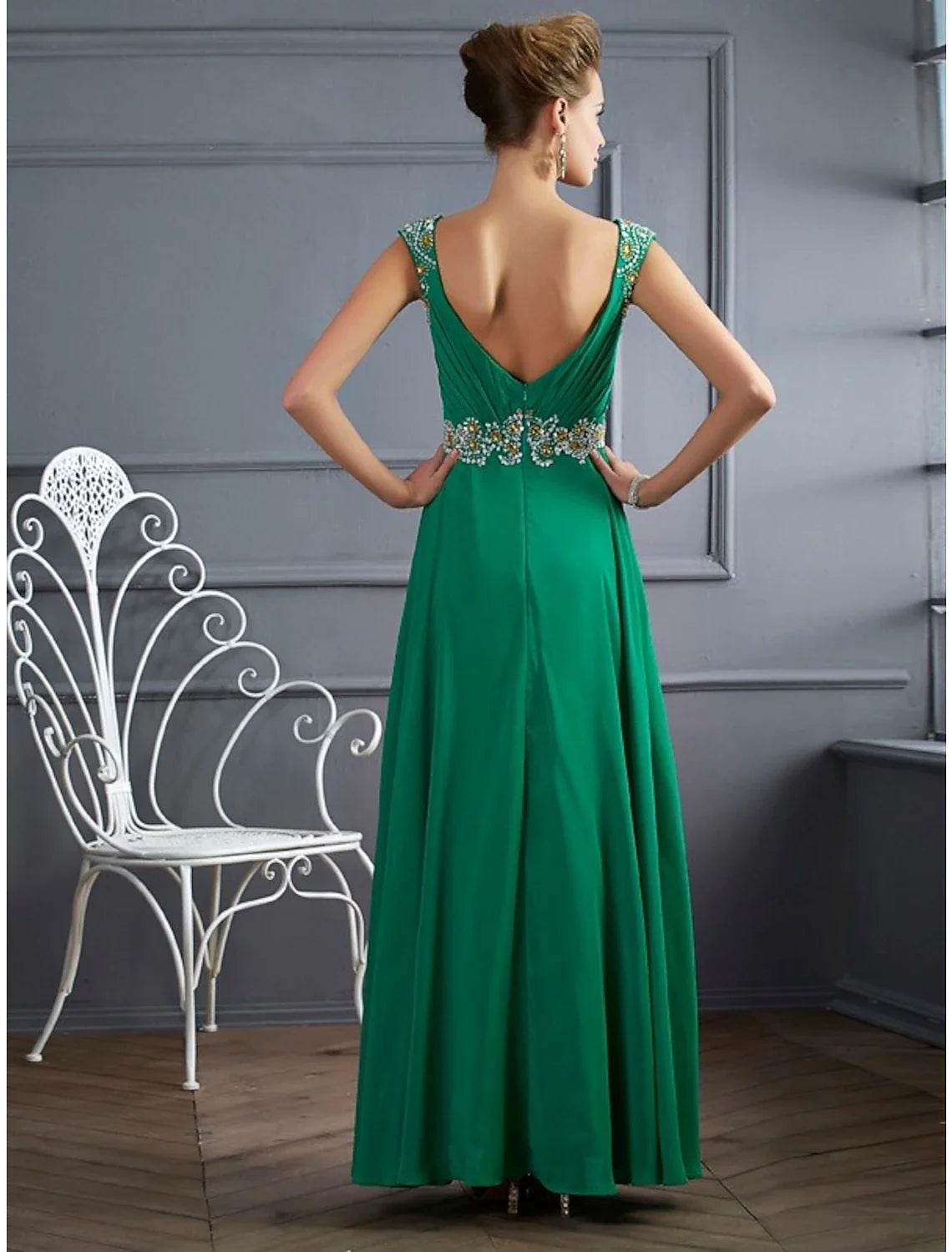 A-Line V-Neck Chiffon Sleeveless Rhinestone Floor-Length Evening Gown - Chloe Dress