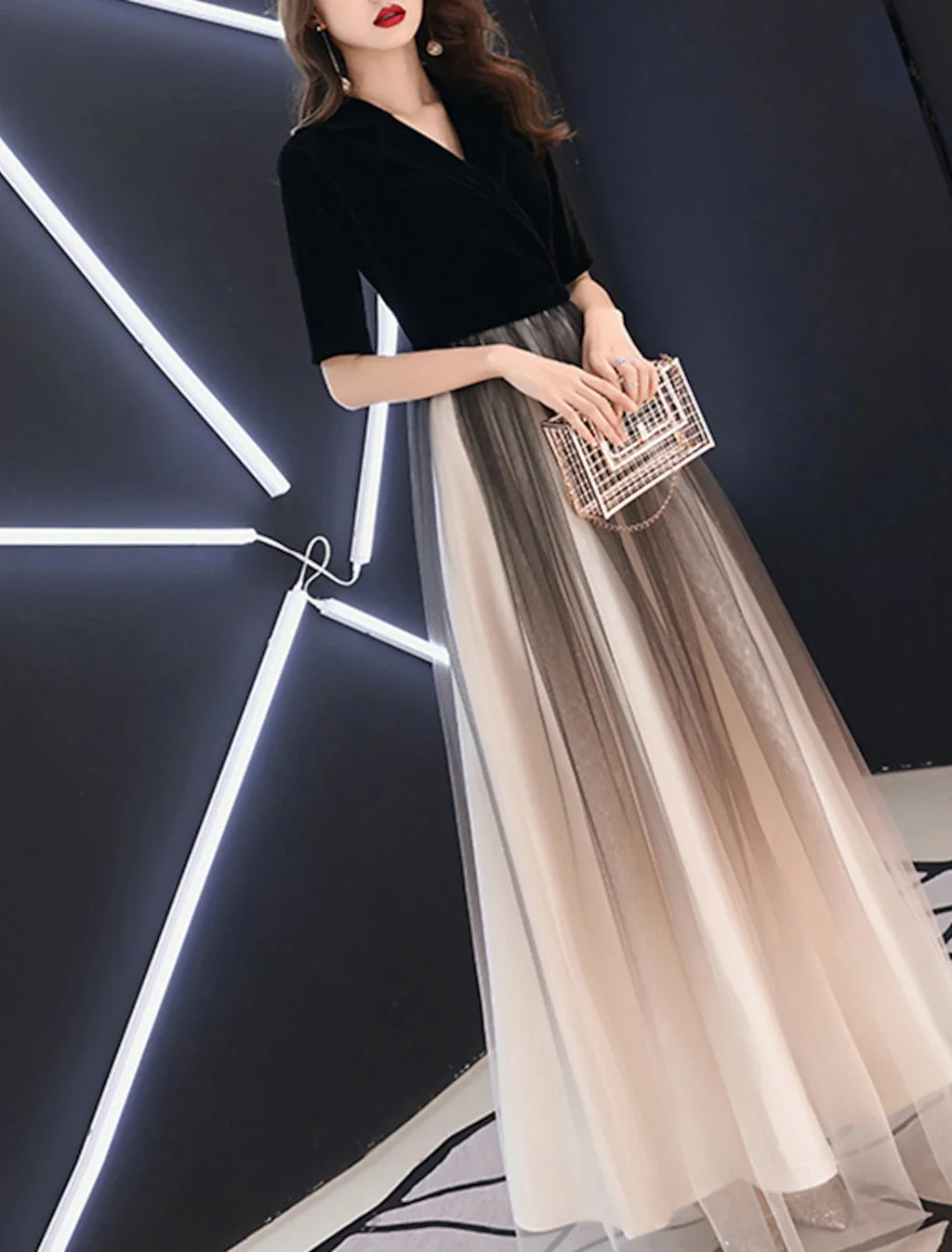 A-Line V-Neck Tulle Floor-Length Evening Gown - Chloe Dress