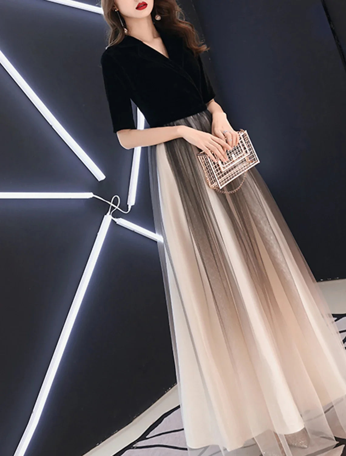 A-Line V-Neck Tulle Floor-Length Evening Gown - Chloe Dress