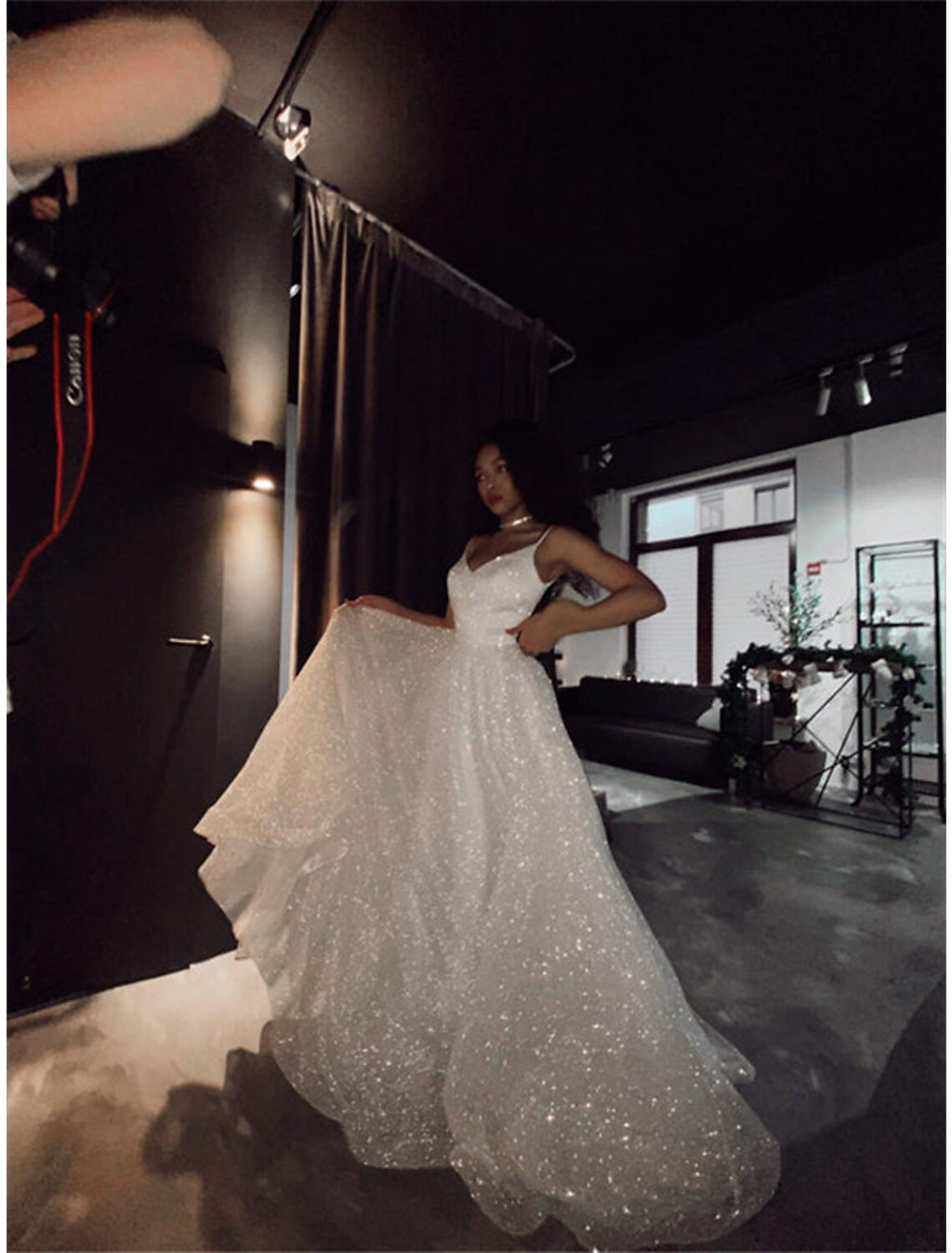 A-Line V-Neck Sequin Train Wedding Gown - Chloe Dress